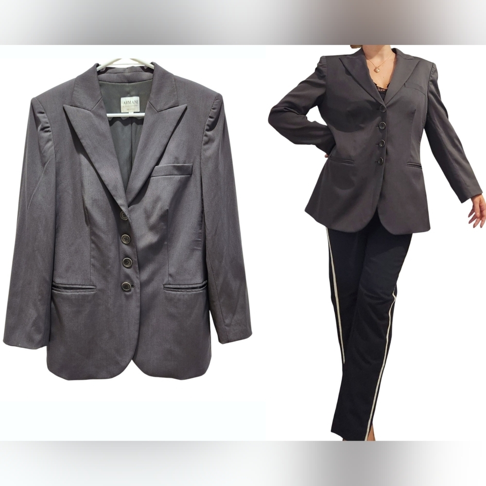 Armani Collezioni Blazer Women Sz 10 Gray Wool Silk Old Money 4 Button Italy Vtg